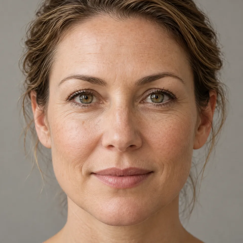 Sample portrait of a woman with the face landmarks RatioVue detected on it